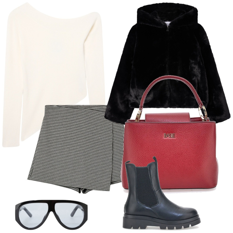 Outfit donna - Dinamica. Stile Preppy per Scuola/Università. Abbinamento con minigonne, ecopellicce, maglieria, occhiali da sole, stivaletti chelsea, borse a mano.