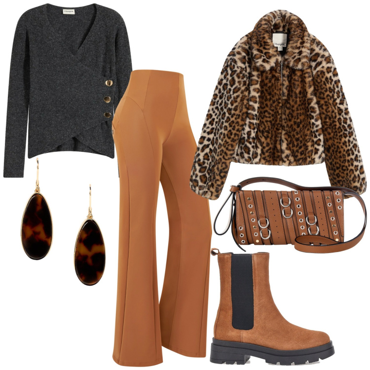 Outfit donna - Novembre. Stile Casual chic per Tutti i giorni. Abbinamento con maglieria, ecopellicce, borse a spalla, pantaloni, orecchini, stivaletti chelsea.