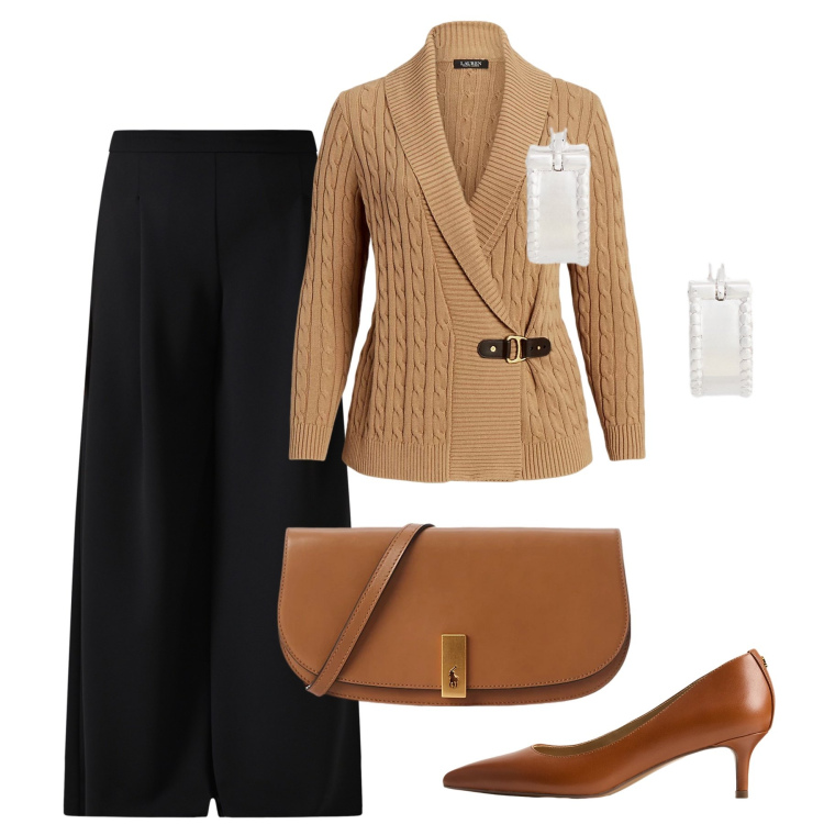 Outfit donna - Il cardigan caramello. Stile Bon Ton per Tutti i giorni. Abbinamento con pantaloni a palazzo, maglieria, clutch, orecchini, décolleté.