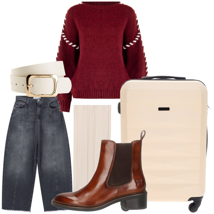 Outfit donna - Il maglione ideale. Stile Glamour per Tutti i giorni. Abbinamento con cinture, pantaloni a palazzo, maglieria, sciarpe, valigie, stivaletti chelsea.