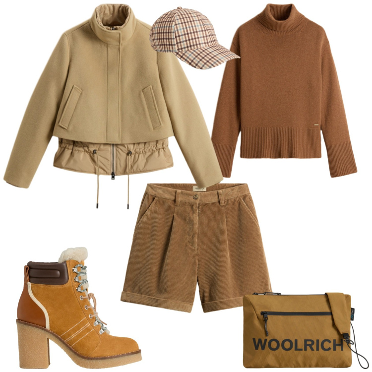 Outfit donna - Total look #2284857. Stile Trendy per Tutti i giorni. Abbinamento con borse a tracolla, stivaletti, cappelli, maglieria, blazer, pantaloni corti.