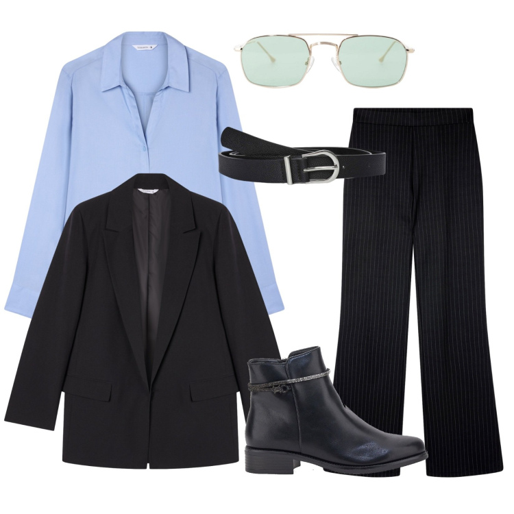 Outfit donna - Un giorno in ufficio. Stile Casual per Ufficio. Abbinamento con pantaloni, camicie, blazer, cinture, occhiali da sole, stivaletti.