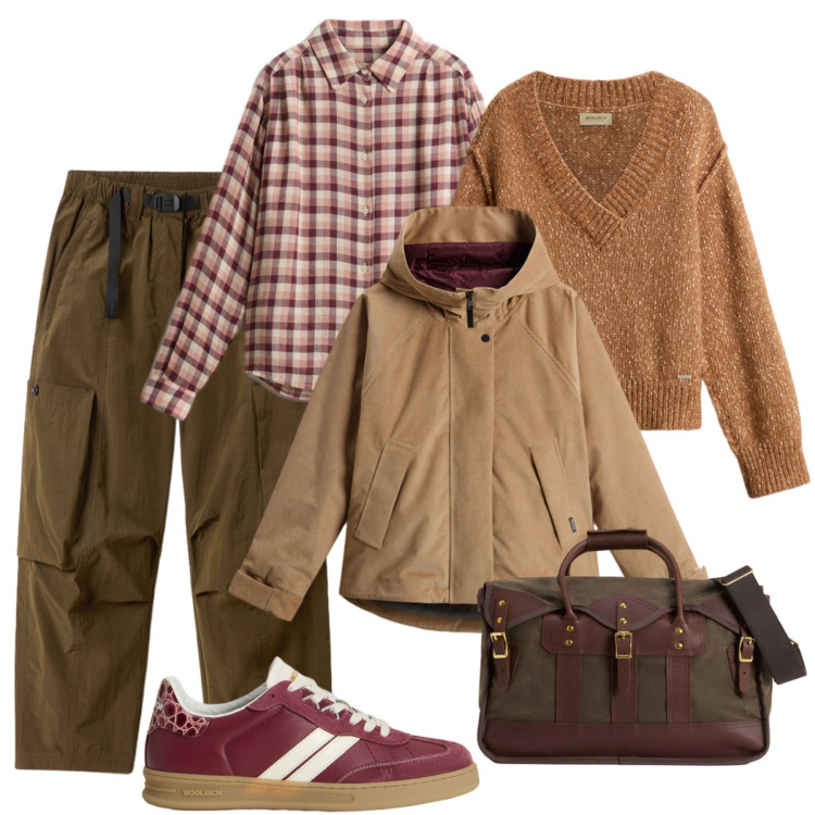Outfit donna - Weekend con Woolrich. Stile Casual per Tutti i giorni. Abbinamento con maglieria, pantaloni cargo, borse a tracolla, blazer, camicie, sneakers.