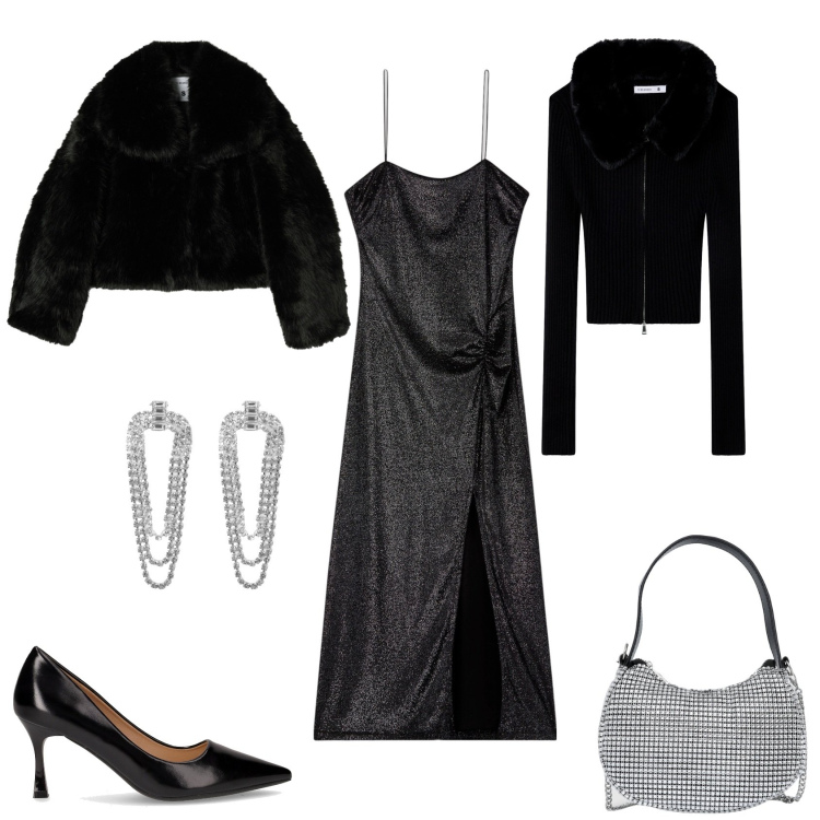 Outfit donna - Serata evento glamour. Stile Glamour per Serata fuori. Abbinamento con vestiti lunghi, orecchini, borse a spalla, cardigans, ecopellicce, décolleté.