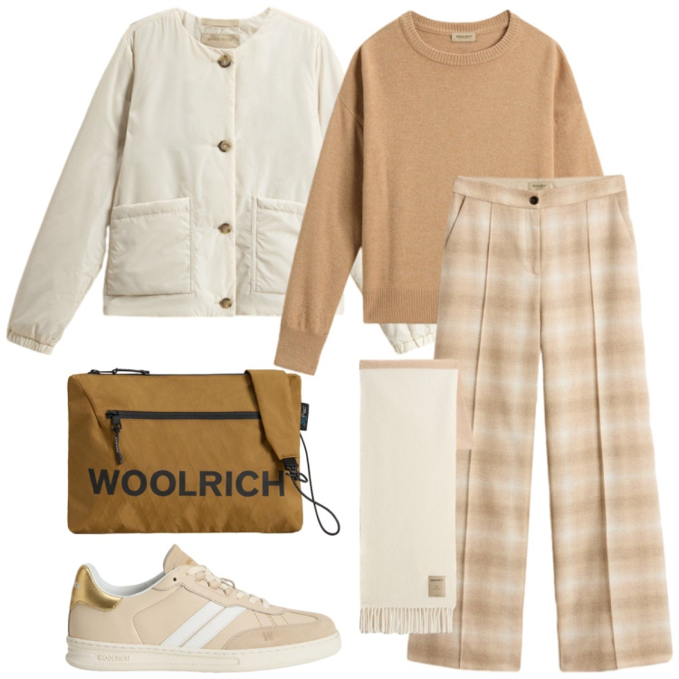 Outfit donna - Total look #2284862. Stile Casual per Tutti i giorni. Abbinamento con sneakers, borse a tracolla, pantaloni, sciarpe, maglieria, blazer.