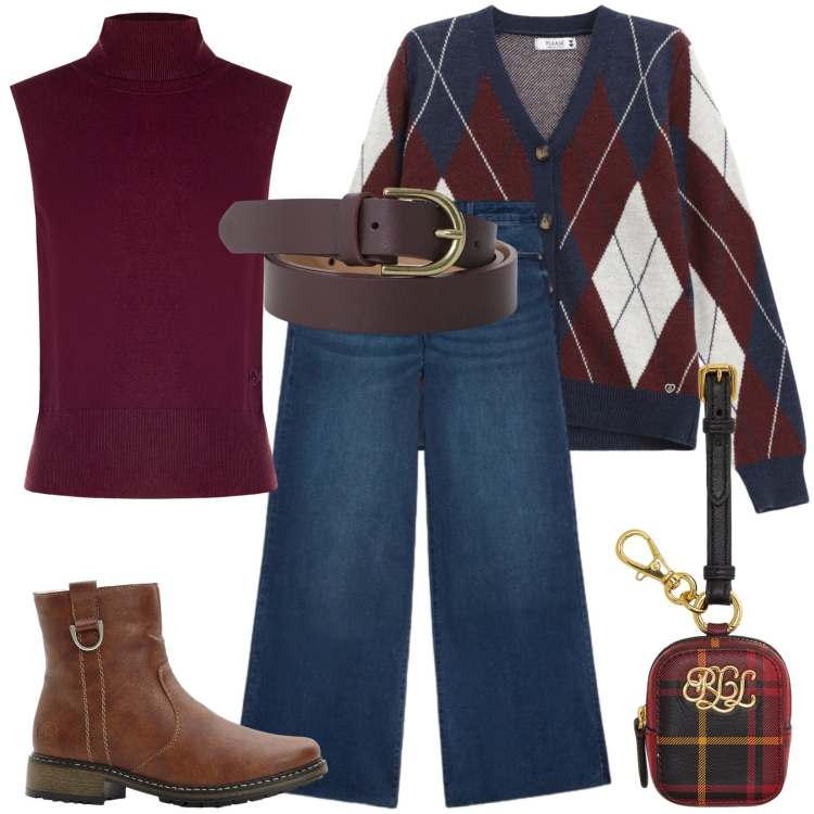 Outfit donna - College style. Stile Preppy per Scuola/Università. Abbinamento con stivaletti, cardigans, pullovers, cinture, pochette, jeans.