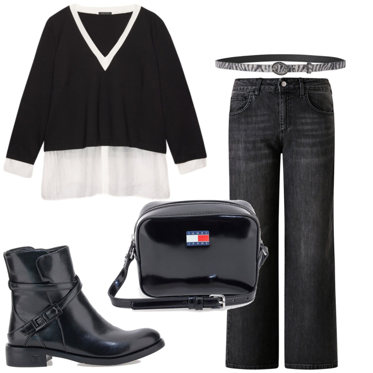 Outfit donna - Total look #2284864. Stile Minimal per Ufficio. Abbinamento con jeans dritti, cinture, stivaletti, camicie, borse a tracolla.