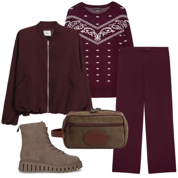 Outfit donna - Total look #2284865. Stile Casual per Tutti i giorni. Abbinamento con bomber, valigie, maglieria, anfibi, pantaloni.