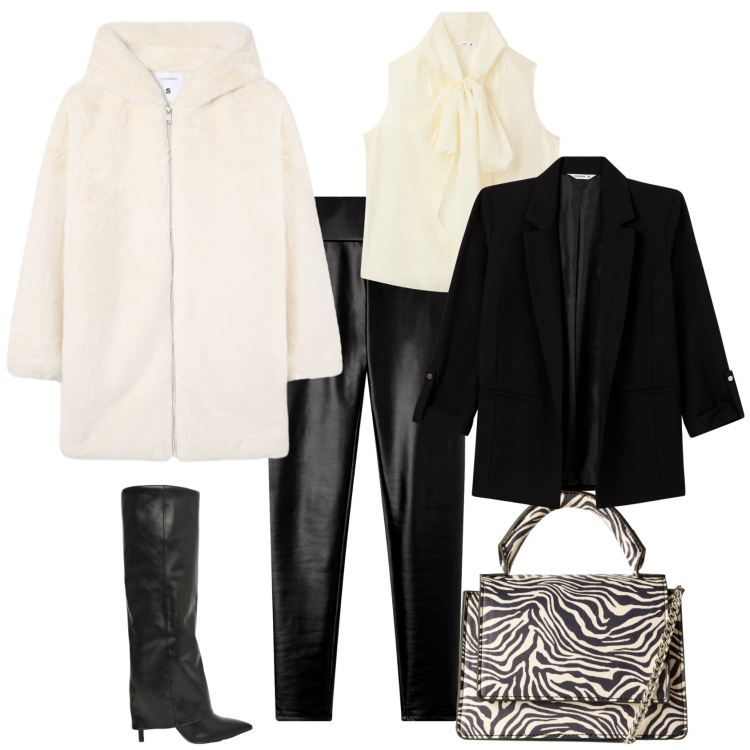 Outfit donna - Chic in bianco e nero. Stile Chic per Serata fuori. Abbinamento con cappotti, blazer, leggings, borse a tracolla, stivali, bluse.