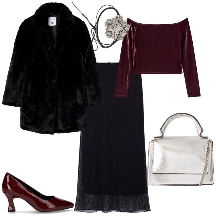 Outfit donna - Serata romantica. Stile Romantica per Serata fuori. Abbinamento con gonne lunghe, bluse, collane, borse a tracolla, cappotti, décolleté.
