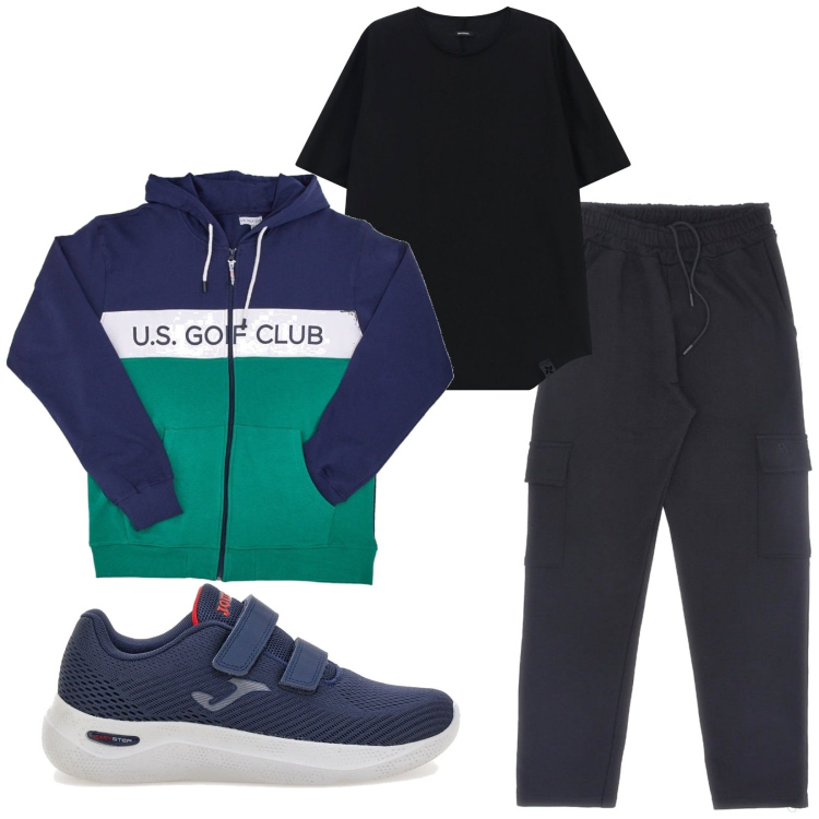 Outfit uomo - Total look #2284876. Stile Urban per Sport. Abbinamento con t-shirt, sneakers, felpe con cappuccio, pantaloni cargo.