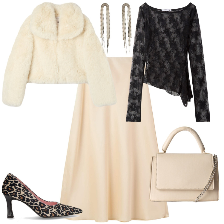 Outfit donna - Serata bon ton. Stile Bon Ton per Serata fuori. Abbinamento con maglieria, ecopellicce, orecchini, gonne lunghe, borse a tracolla, décolleté.