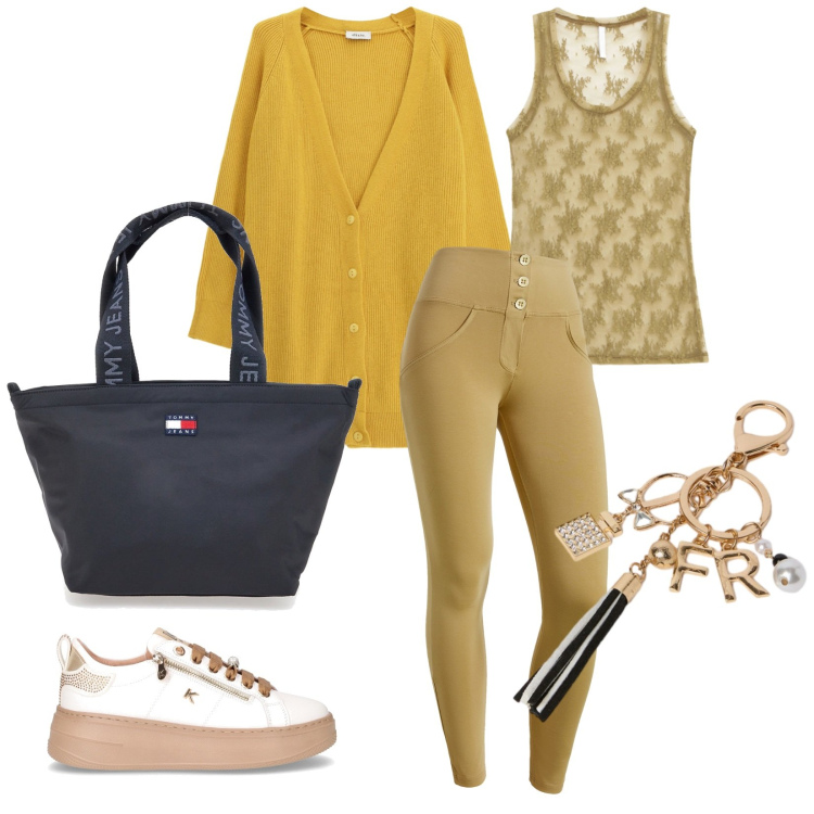 Outfit donna - Total look #2284884. Stile Casual per Tutti i giorni. Abbinamento con pantaloni skinny, canottiere, cardigans, sneakers, portachiavi, borse tote.