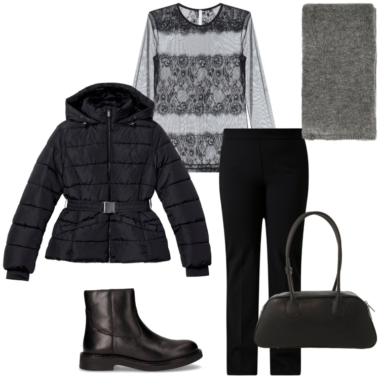 Outfit donna - Total look #2284886. Stile Casual chic per Tutti i giorni. Abbinamento con pantaloni a palazzo, piumini, bluse, borse a mano, sciarpe, stivaletti chelsea.