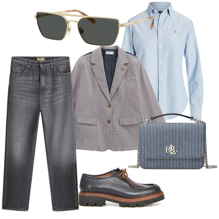 Outfit donna - Total look #2284889. Stile Casual chic per Ufficio. Abbinamento con blazer, camicie, occhiali da sole, borse a spalla, jeans, mocassini.