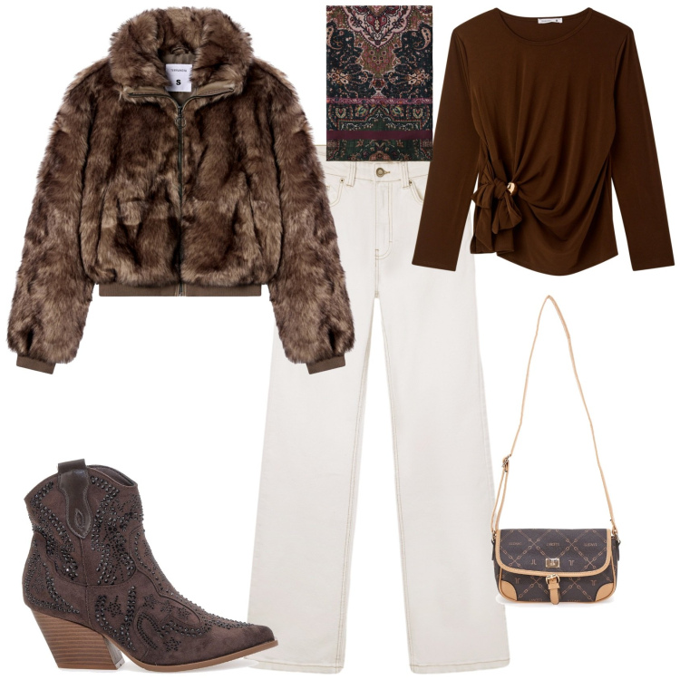 Outfit donna - Trendy con il jeans bianco. Stile Trendy per Tutti i giorni. Abbinamento con jeans bootcut, bluse, ecopellicce, foulard, borse a tracolla, stivaletti texani.