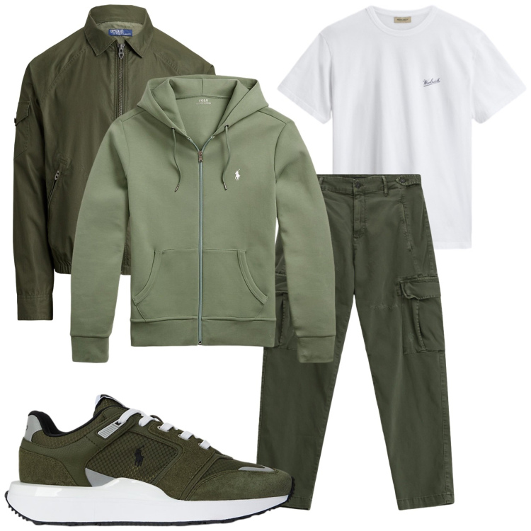 Outfit uomo - Il verde per la giornata. Stile Urban per Tutti i giorni. Abbinamento con pantaloni cargo, felpe, sneakers, giacche sportive, t-shirt.
