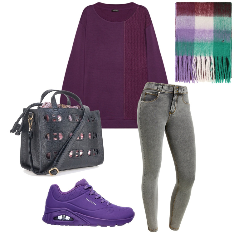 Outfit donna - Total look #2284898. Stile Casual per Tutti i giorni. Abbinamento con jeans skinny, sciarpe, felpe, sneakers, borse a mano.