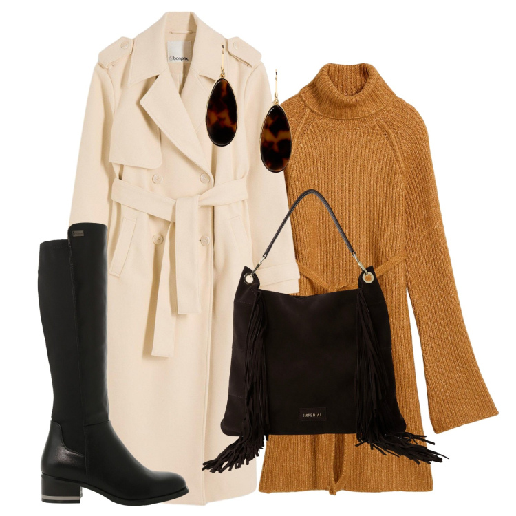 Outfit donna - Un caffè in centro. Stile Casual per Tutti i giorni. Abbinamento con trench, vestiti corti, borse a spalla, stivali sopra il ginocchio, orecchini.