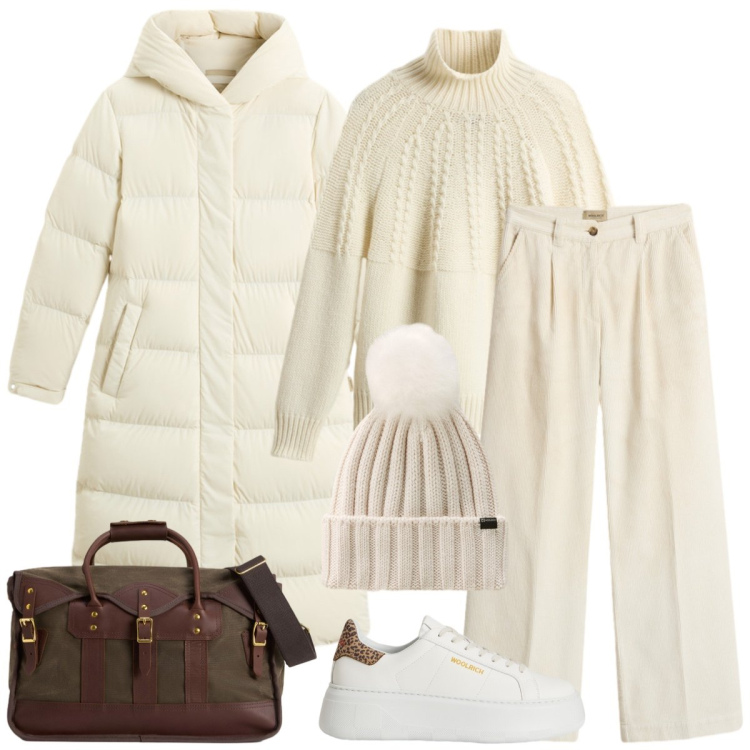 Outfit donna - Total white. Stile Casual per Tutti i giorni. Abbinamento con pantaloni, maglieria, borse a tracolla, sneakers, berretti, piumini.