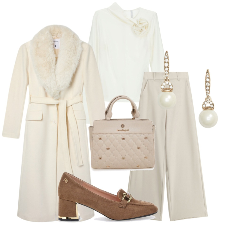 Outfit donna - Total look #2284905. Stile Bon Ton per Cerimonia. Abbinamento con cappotti, t-shirt, pantaloni a palazzo, orecchini, mocassini, borse a mano.