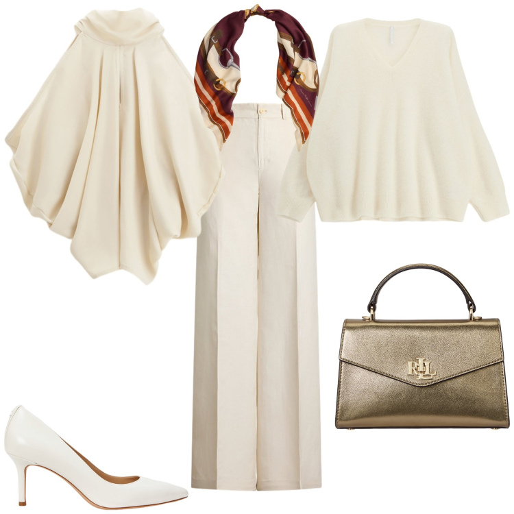 Outfit donna - Bon ton pomeriggio speciale. Stile Bon Ton per Tutti i giorni. Abbinamento con maglieria, top, décolleté, pantaloni, borse a mano, foulard.