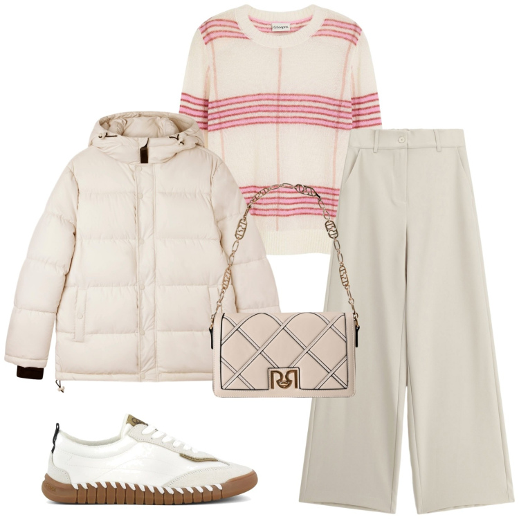Outfit donna - Total look #2284907. Stile Casual chic per Tutti i giorni. Abbinamento con maglieria, bomber, borse a tracolla, pantaloni a palazzo, sneakers.