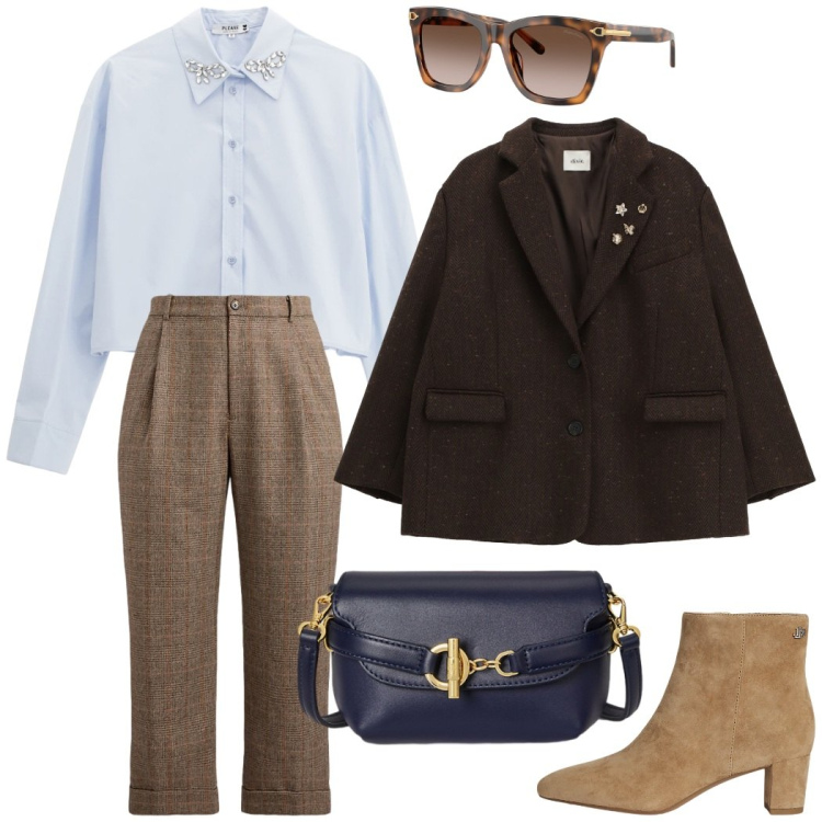 Outfit donna - Comfort elegante. Stile Casual chic per Tutti i giorni. Abbinamento con camicie, blazer, stivaletti, occhiali da sole, borse a tracolla, pantaloni.