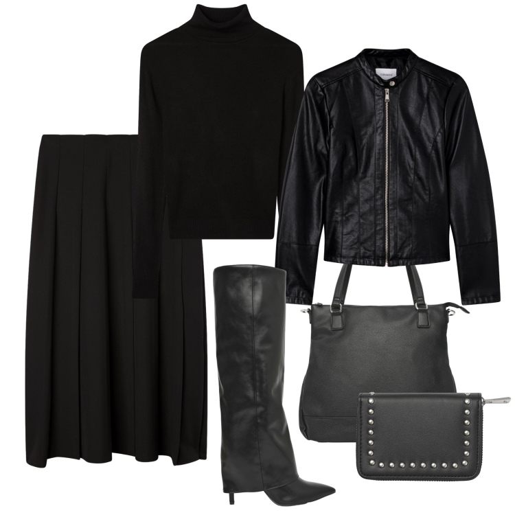 Outfit donna - Glam black Terranova. Stile Glamour per Tutti i giorni. Abbinamento con giacche, portafogli, shopping bag, gonne lunghe, stivali, maglieria.