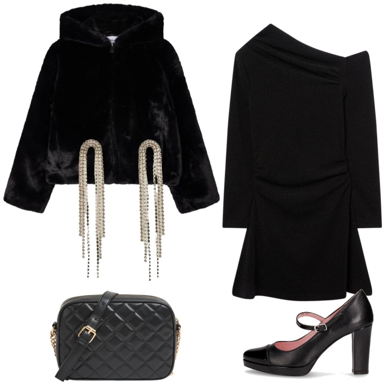 Outfit donna - Total look #2284913. Stile Chic per Serata fuori. Abbinamento con vestiti asimmetrici, borse a tracolla, orecchini, ecopellicce, décolleté.