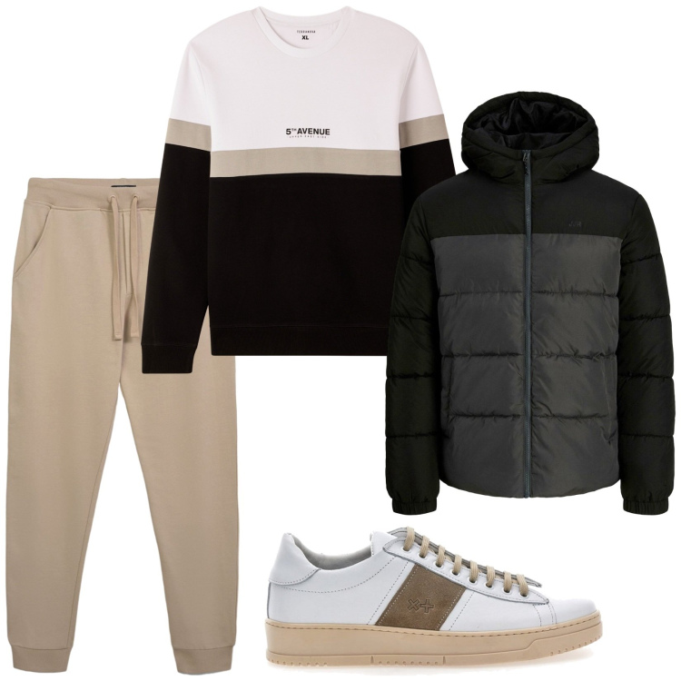 Outfit uomo - Total look #2284916. Stile Urban per Tutti i giorni. Abbinamento con piumini, pantaloni, felpe, sneakers.