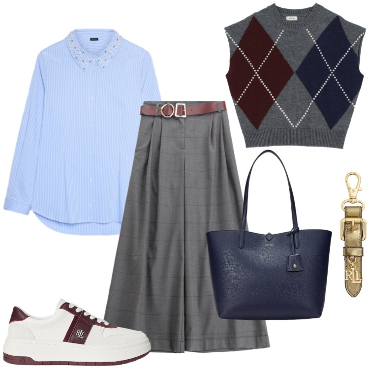 Outfit donna - Total look #2284917. Stile Casual chic per Tutti i giorni. Abbinamento con pantaloni, gilet, sneakers, portachiavi, borse tote, camicie.