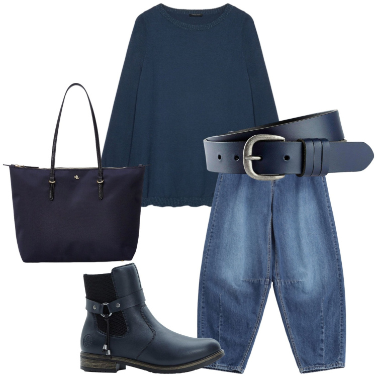 Outfit donna - Total look #2284921. Stile Basic per Tutti i giorni. Abbinamento con cinture, stivaletti chelsea, jeans, borse tote, maglieria.