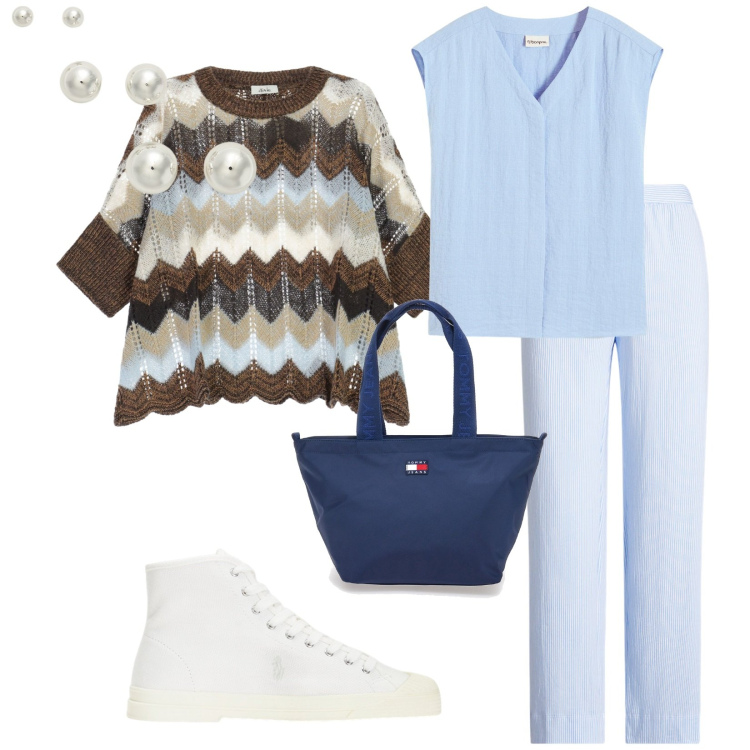 Outfit donna - Total look #2284923. Stile Casual chic per Tutti i giorni. Abbinamento con top, maglieria, pantaloni, orecchini, sneakers alte, borse tote.
