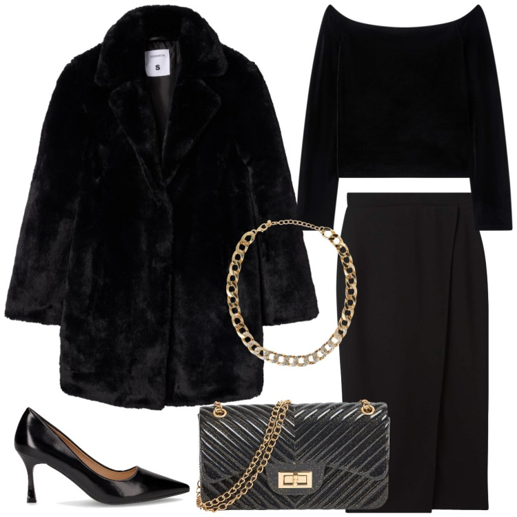 Outfit donna - Total look #2284925. Stile Chic per Serata fuori. Abbinamento con gonne longuette, bluse, collane, cappotti, borse a tracolla, décolleté.