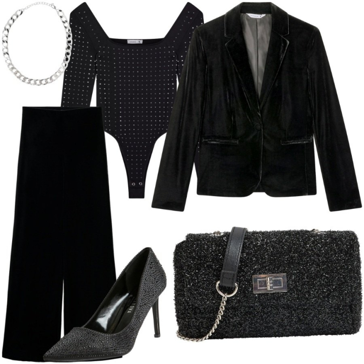 Outfit donna - Pronte per il black party. Stile Glamour per Serata fuori. Abbinamento con blazer, body, décolleté, borse a tracolla, collane, pantaloni.