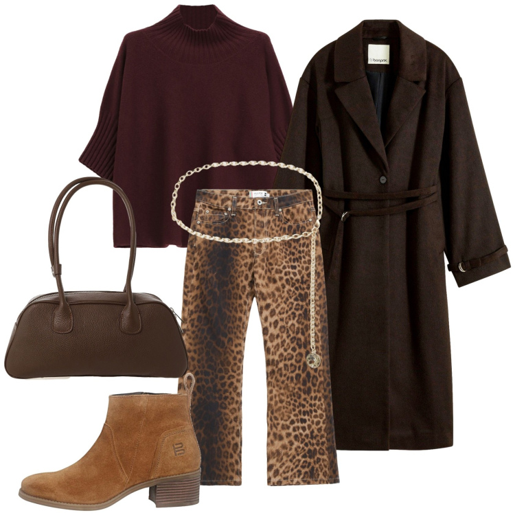 Outfit donna - Animalier invernale. Stile Chic per Serata fuori. Abbinamento con cappotti, pantaloni, maglieria, cinture, borse a mano, stivaletti.