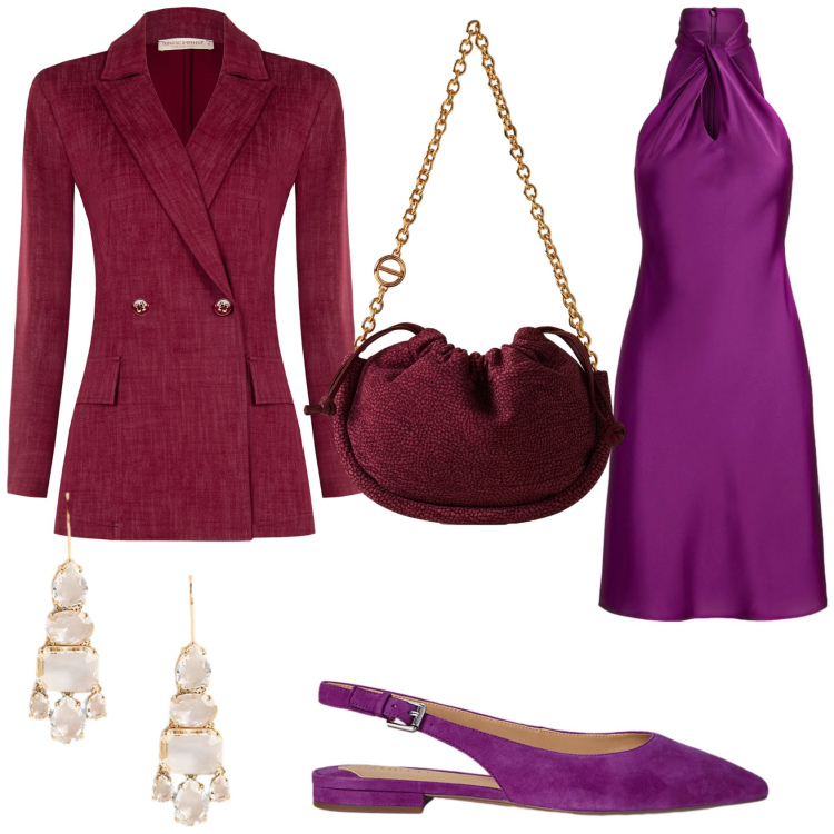 Outfit donna - Viola e bordeaux di sera. Stile Chic per Serata fuori. Abbinamento con blazer, borse a spalla, vestiti, ballerine, orecchini.