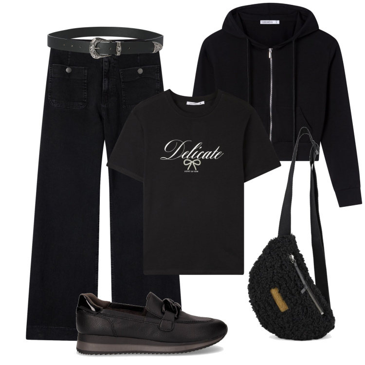 Outfit donna - Easy black Terranova. Stile Casual per Tutti i giorni. Abbinamento con jeans, felpe con cappuccio, t-shirt, cinture, marsupi, mocassini.