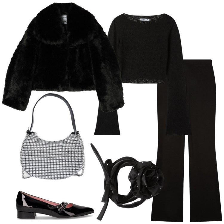 Outfit donna - Total look #2284931. Stile Chic per Serata fuori. Abbinamento con t-shirt, borse a spalla, collane, pantaloni, ecopellicce, ballerine.