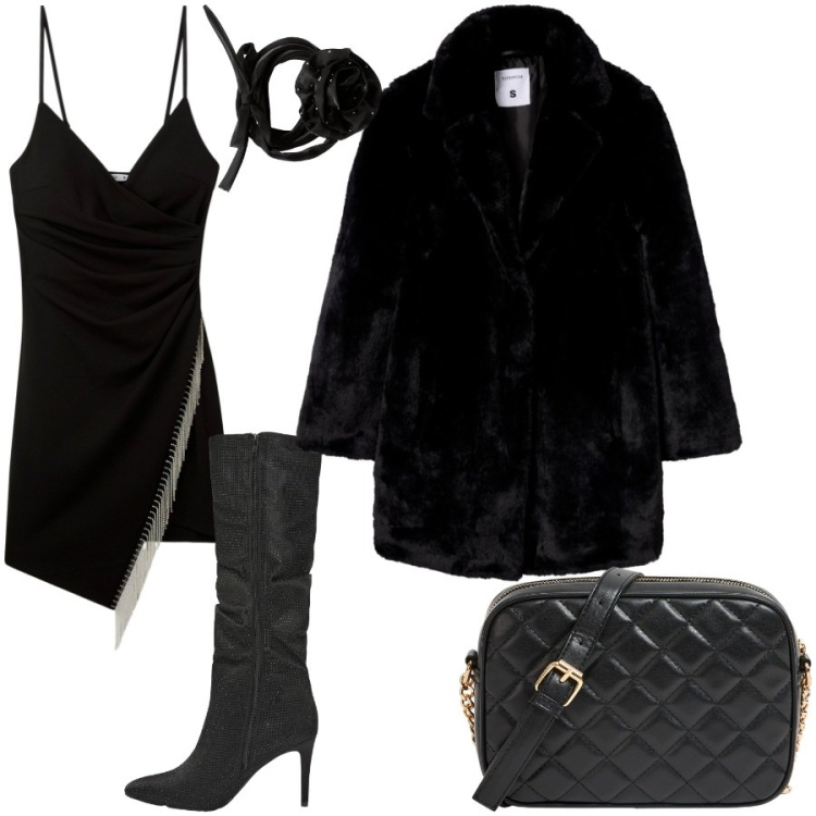 Outfit donna - Sabato in discoteca. Stile Glamour per Serata fuori. Abbinamento con vestiti corti, stivali, borse a tracolla, collane, cappotti.