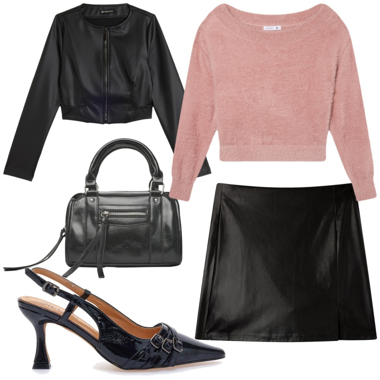 Outfit donna - Rock in pelle. Stile Rock per Serata fuori. Abbinamento con minigonne, maglieria, borse a mano, giacche, décolleté.