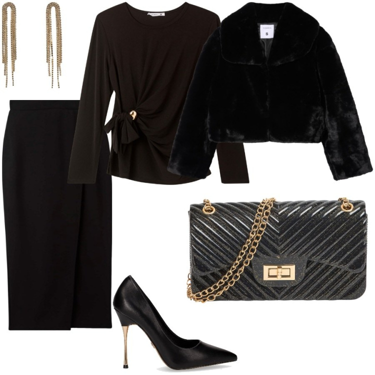 Outfit donna - Chic in black. Stile Chic per Serata fuori. Abbinamento con gonne longuette, orecchini, bluse, ecopellicce, borse a tracolla, décolleté.