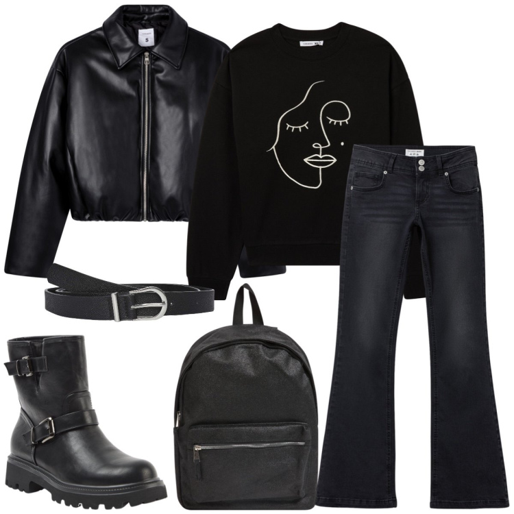 Outfit donna - Total look #2284936. Stile Casual per Scuola/Università. Abbinamento con giacche, jeans a zampa, stivaletti, cinture, felpe, zaini.