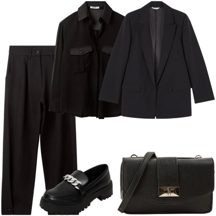 Outfit donna - Mannish in total black. Stile Mannish per Serata fuori. Abbinamento con mocassini, camicie, borse a tracolla, blazer, pantaloni.