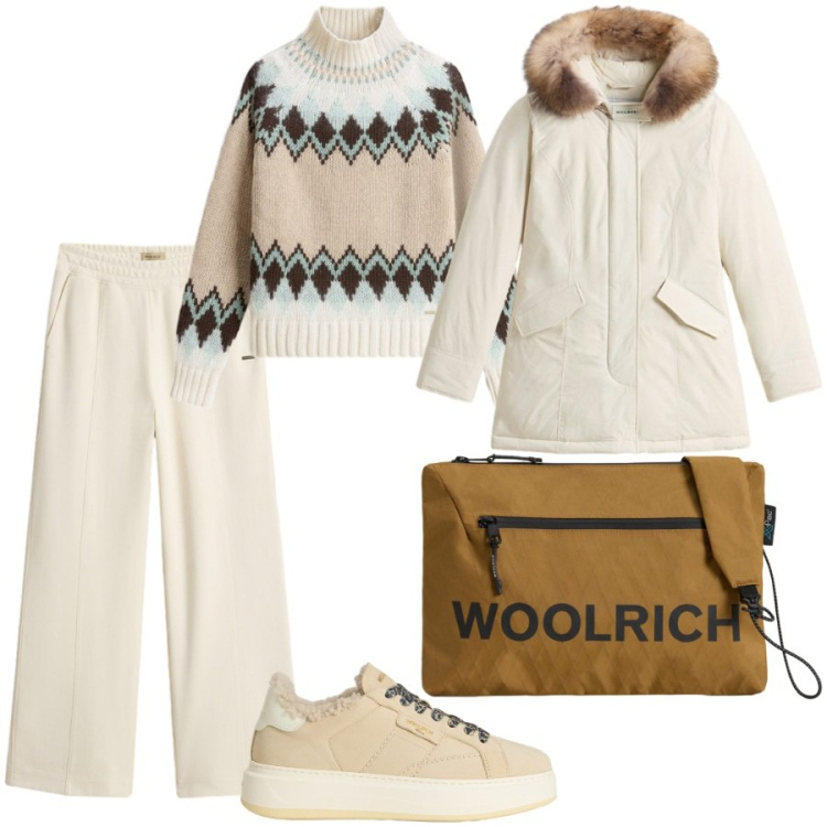 Outfit donna - Capi caldi neutri versatili. Stile Sporty chic per Tutti i giorni. Abbinamento con sneakers, borse a tracolla, pantaloni, maglieria, parka.