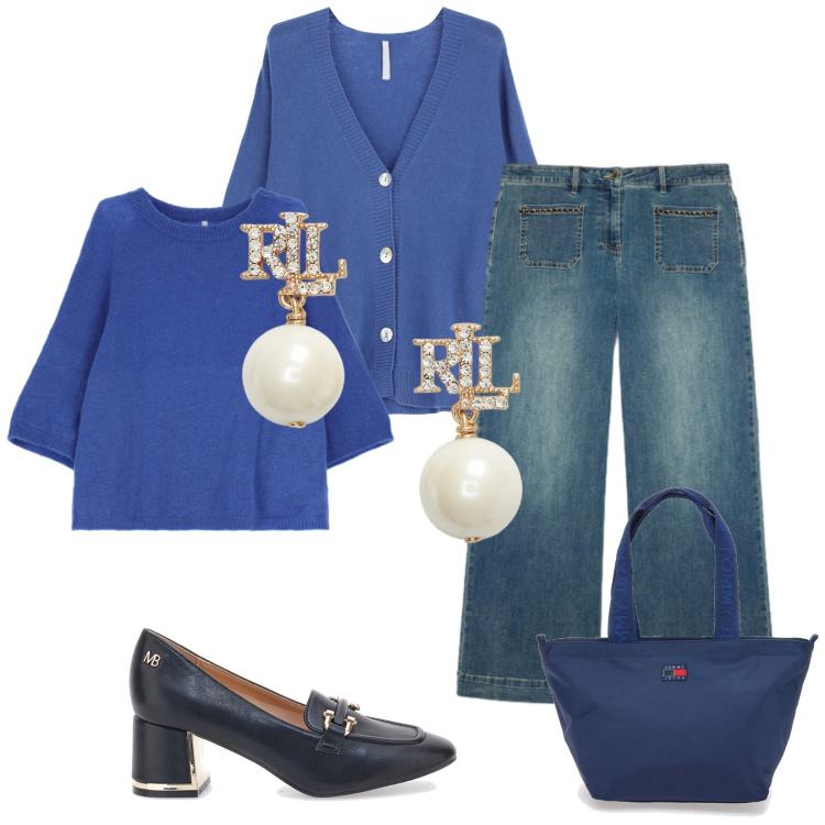 Outfit donna - Total look #2284944. Stile Bon Ton per Ufficio. Abbinamento con cardigans, maglieria, orecchini, jeans, décolleté, borse tote.