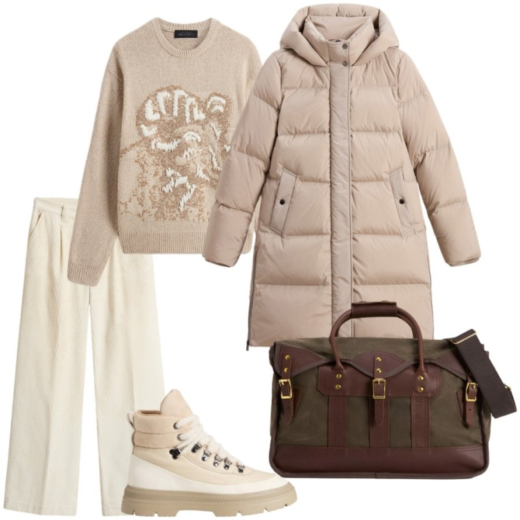 Outfit donna - Giornate universitarie. Stile Casual per Scuola/Università. Abbinamento con piumini, pantaloni, borse a tracolla, maglieria, anfibi.