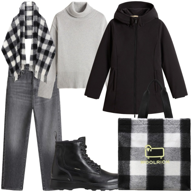 Outfit donna - Giornate fredde. Stile Casual per Tutti i giorni. Abbinamento con jeans, anfibi, borse tote, maglieria, sciarpe, parka.