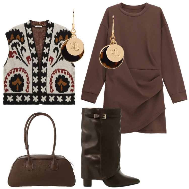 Outfit donna - Total look #2284947. Stile Chic per Serata fuori. Abbinamento con stivali, vestiti corti, gilet, borse a mano, orecchini.